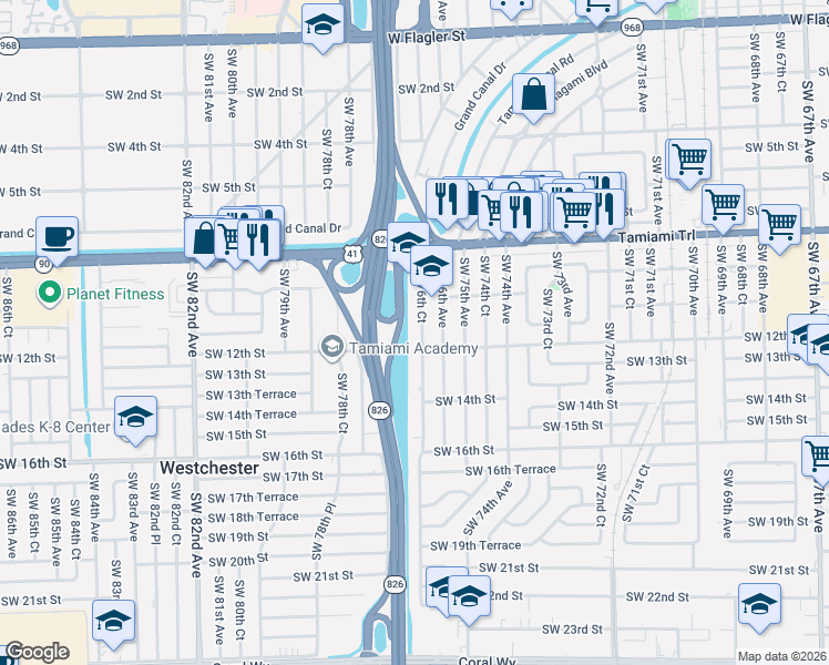 map of restaurants, bars, coffee shops, grocery stores, and more near 1120 Southwest 76th Court in Miami