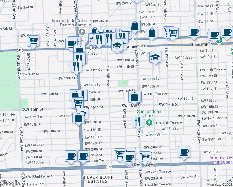 map of restaurants, bars, coffee shops, grocery stores, and more near 2350 Southwest 14th Street in Miami