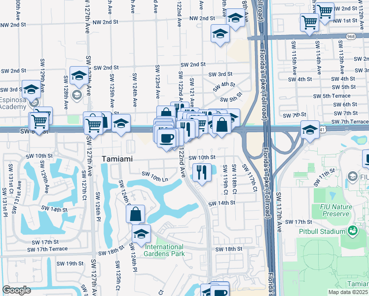 map of restaurants, bars, coffee shops, grocery stores, and more near 927 Southwest 122nd Avenue in Miami