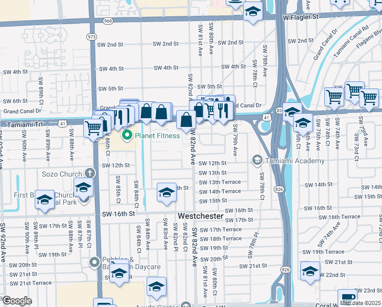 map of restaurants, bars, coffee shops, grocery stores, and more near 1082 Southwest 82nd Avenue in Miami