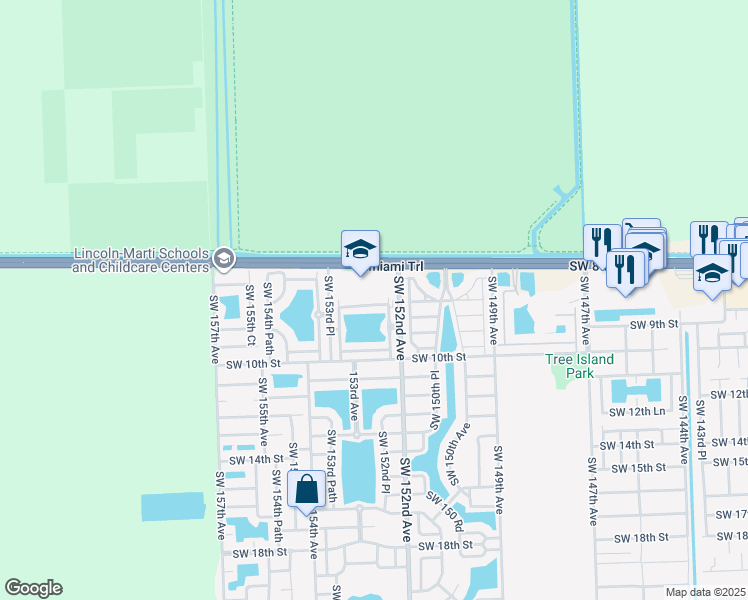map of restaurants, bars, coffee shops, grocery stores, and more near 15253 Southwest 8th Way in Miami
