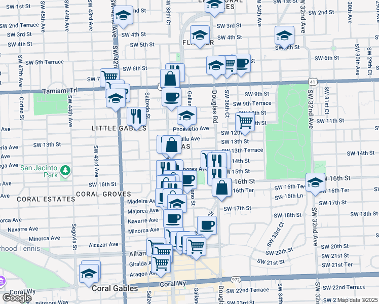 map of restaurants, bars, coffee shops, grocery stores, and more near 1300 Galiano Street in Coral Gables