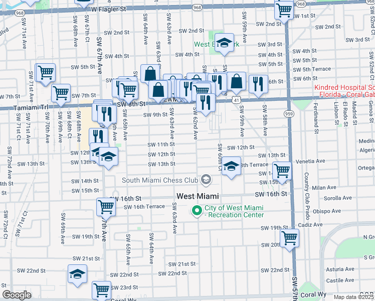 map of restaurants, bars, coffee shops, grocery stores, and more near 6237 Southwest 12th Street in West Miami