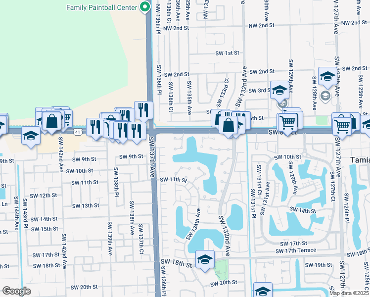 map of restaurants, bars, coffee shops, grocery stores, and more near 943 Southwest 135th Court in Miami