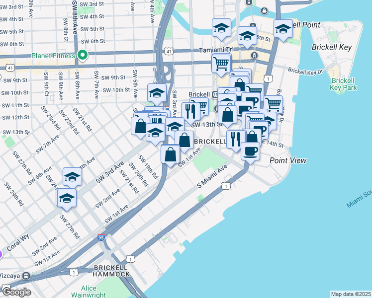map of restaurants, bars, coffee shops, grocery stores, and more near 1600 Southwest 1st Avenue in Miami