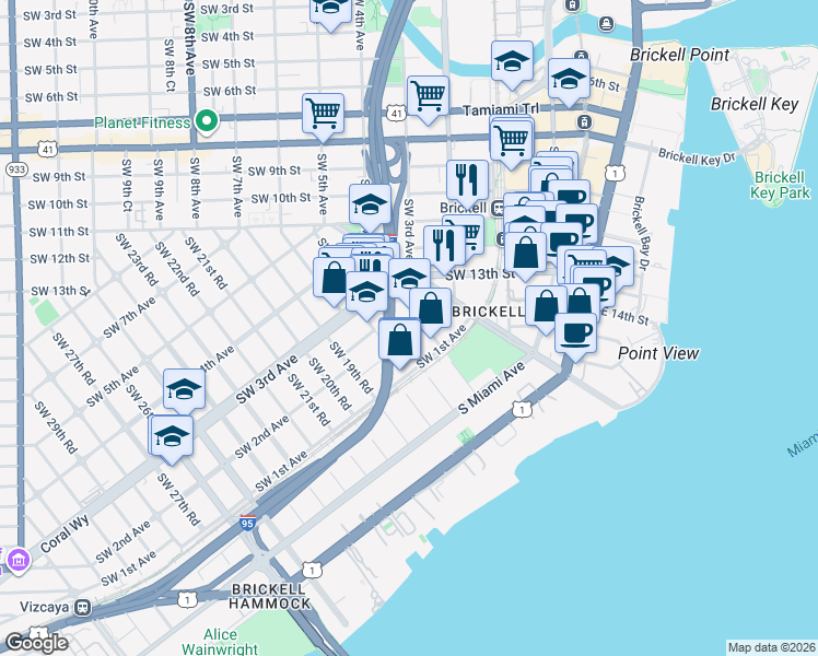 map of restaurants, bars, coffee shops, grocery stores, and more near 1726 Southwest 2nd Avenue in Miami
