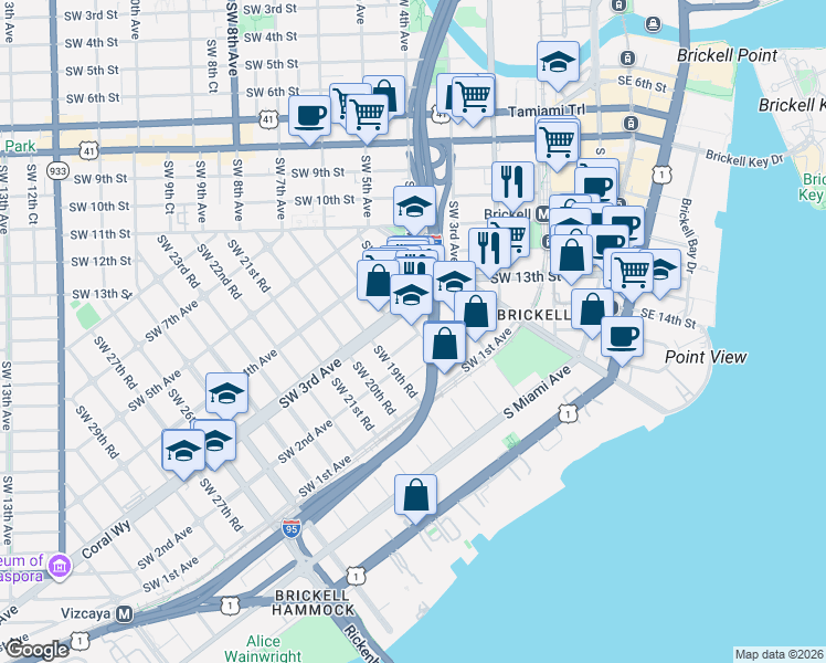 map of restaurants, bars, coffee shops, grocery stores, and more near 1800 Southwest 2nd Court in Miami