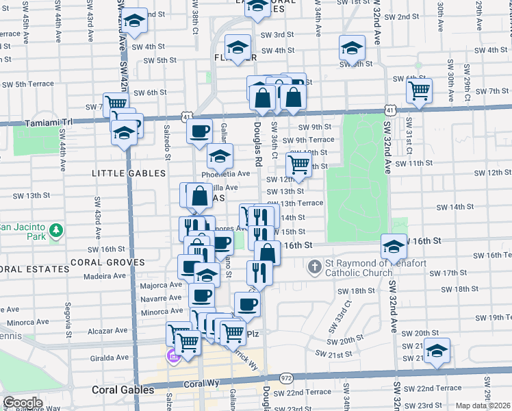 map of restaurants, bars, coffee shops, grocery stores, and more near 3682 Southwest 13th Terrace in Miami