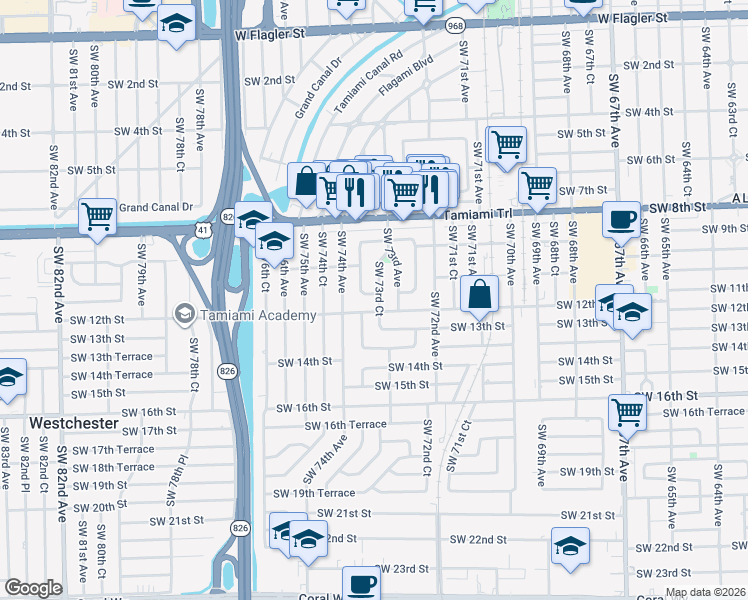 map of restaurants, bars, coffee shops, grocery stores, and more near 7341 Southwest 12th Street in Miami