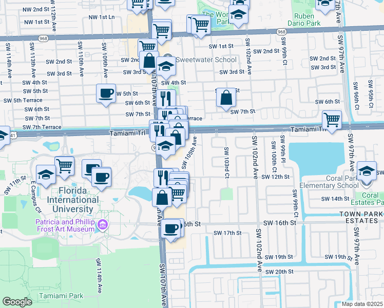 map of restaurants, bars, coffee shops, grocery stores, and more near 1001 Southwest 105th Avenue in Miami