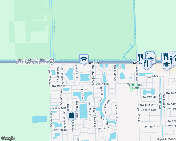 map of restaurants, bars, coffee shops, grocery stores, and more near 15253 Southwest 8th Way in Miami