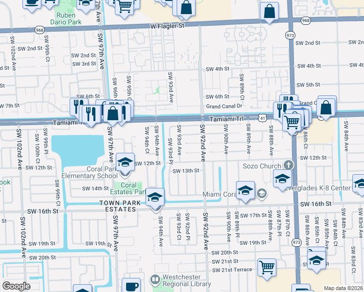 map of restaurants, bars, coffee shops, grocery stores, and more near 1071 Southwest 93rd Avenue in Miami