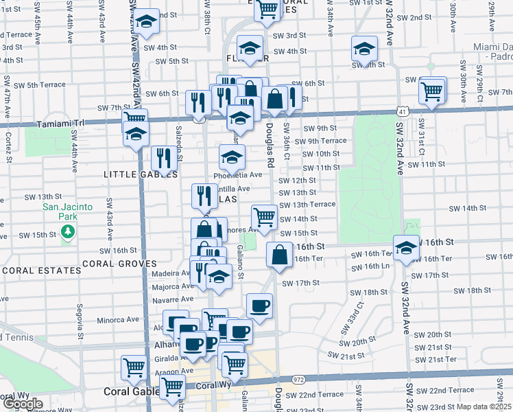 map of restaurants, bars, coffee shops, grocery stores, and more near 24 Sidonia Avenue in Coral Gables