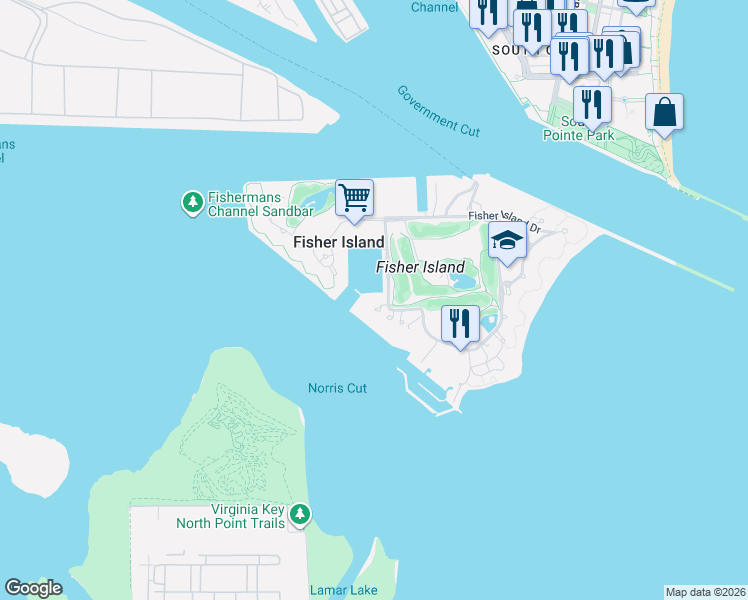 map of restaurants, bars, coffee shops, grocery stores, and more near 2437 Fisher Island Drive in Miami Beach
