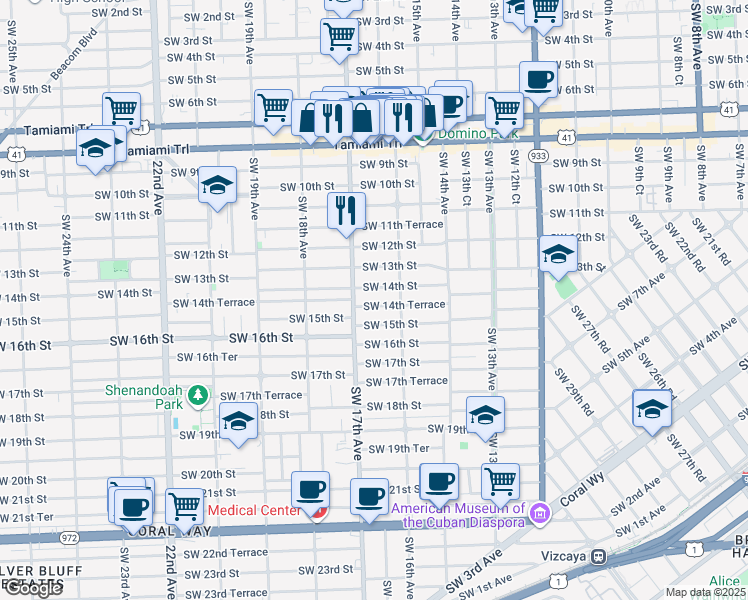 map of restaurants, bars, coffee shops, grocery stores, and more near 1651 Southwest 14th Terrace in Miami