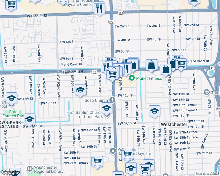 map of restaurants, bars, coffee shops, grocery stores, and more near 1052 Southwest 87th Avenue in Miami