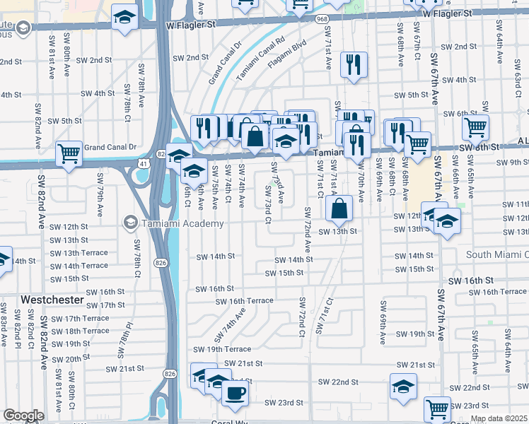 map of restaurants, bars, coffee shops, grocery stores, and more near 7341 Southwest 12th Street in Miami