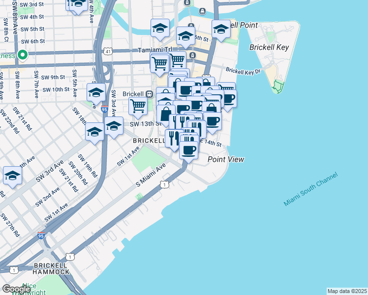 map of restaurants, bars, coffee shops, grocery stores, and more near 1428 Brickell Avenue in Miami
