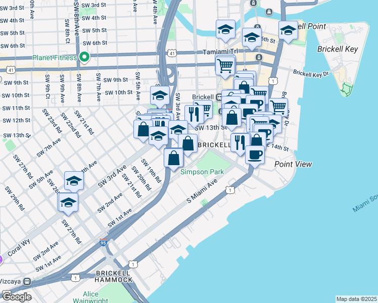 map of restaurants, bars, coffee shops, grocery stores, and more near 1600 Southwest 1st Avenue in Miami