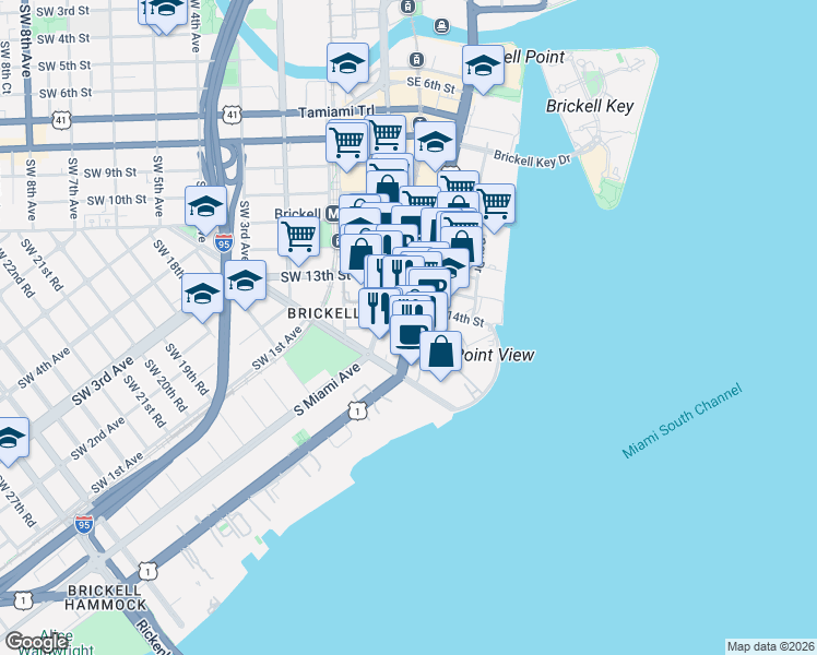 map of restaurants, bars, coffee shops, grocery stores, and more near 1428 Brickell Avenue in Miami