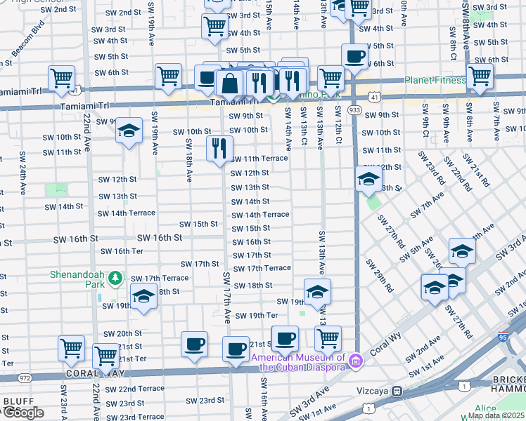 map of restaurants, bars, coffee shops, grocery stores, and more near 1545 Southwest 14th Terrace in Miami