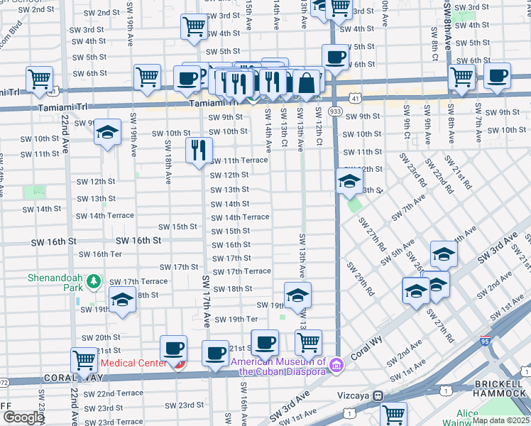 map of restaurants, bars, coffee shops, grocery stores, and more near 1411 Southwest 14th Terrace in Miami