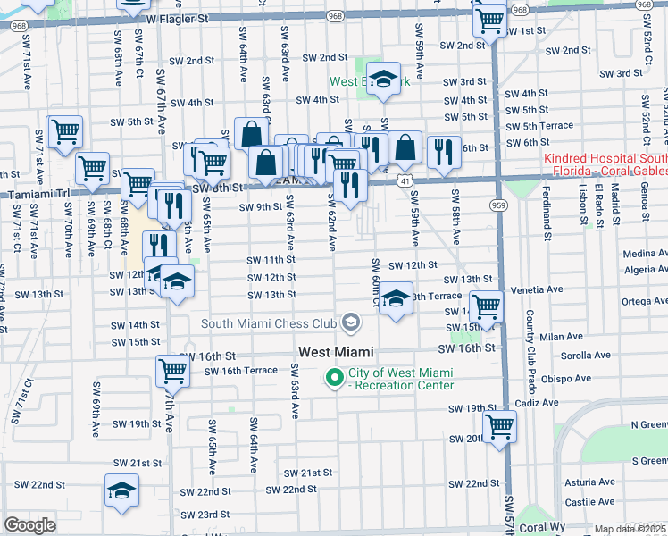 map of restaurants, bars, coffee shops, grocery stores, and more near 6199 Southwest 12th Street in West Miami
