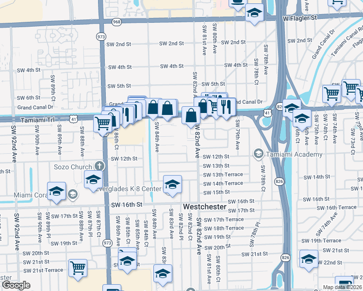 map of restaurants, bars, coffee shops, grocery stores, and more near 8246 Southwest 10th Terrace in Miami