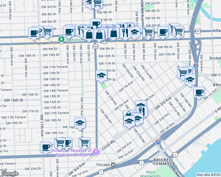 map of restaurants, bars, coffee shops, grocery stores, and more near 801 Southwest 27th Road in Miami