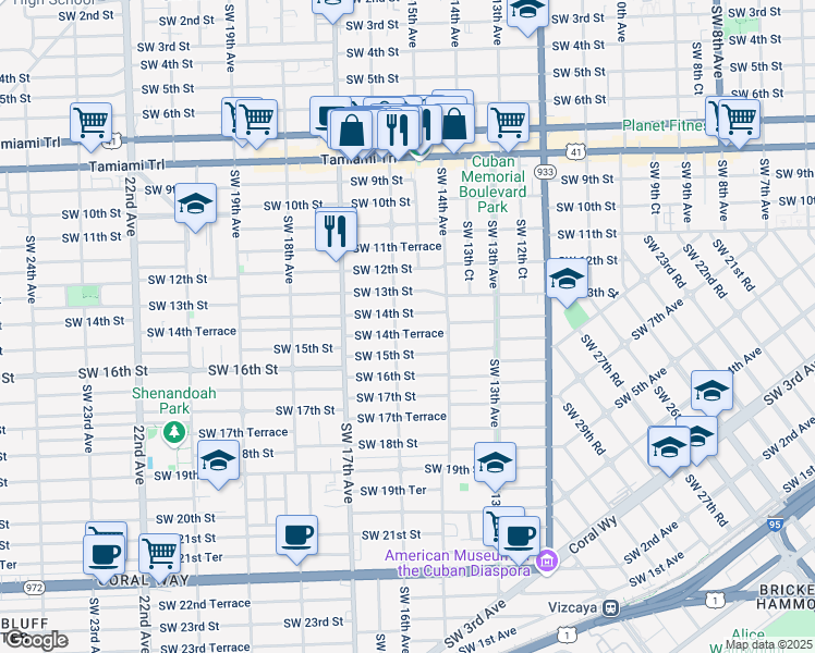 map of restaurants, bars, coffee shops, grocery stores, and more near 1545 Southwest 14th Terrace in Miami