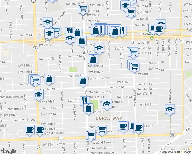 map of restaurants, bars, coffee shops, grocery stores, and more near 2122 Southwest 14th Terrace in Miami