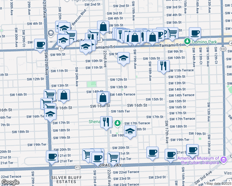 map of restaurants, bars, coffee shops, grocery stores, and more near 2122 Southwest 14th Terrace in Miami