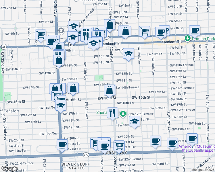 map of restaurants, bars, coffee shops, grocery stores, and more near 2268 Southwest 14th Street in Miami