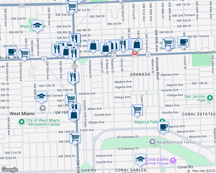 map of restaurants, bars, coffee shops, grocery stores, and more near 1222 El Rado Street in Coral Gables