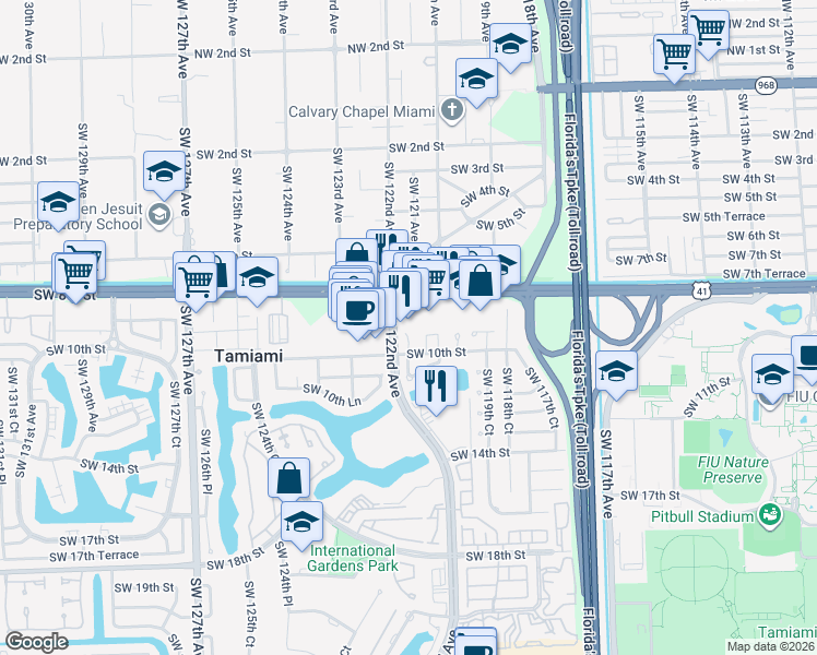 map of restaurants, bars, coffee shops, grocery stores, and more near 865-999 Southwest 122nd Avenue in Miami