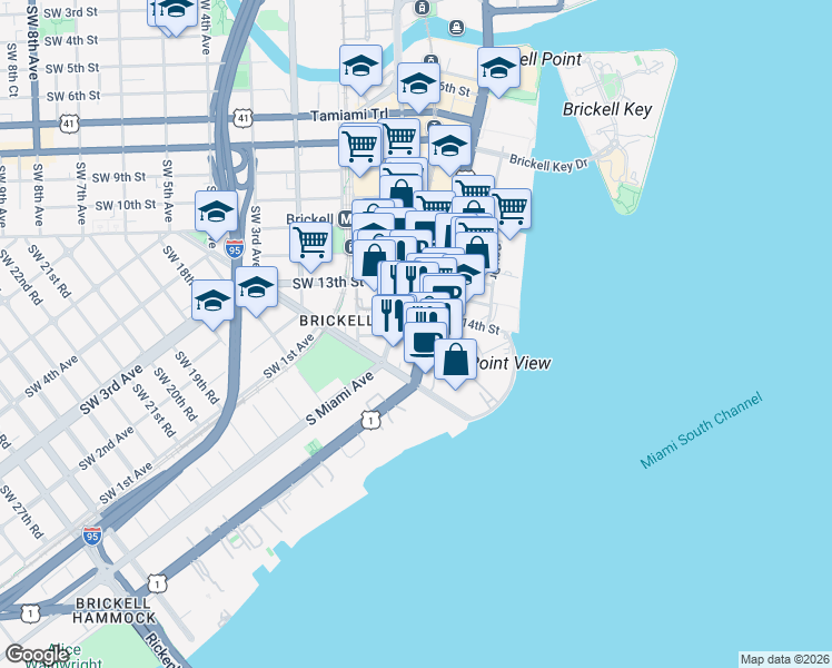 map of restaurants, bars, coffee shops, grocery stores, and more near 1428 Brickell Avenue in Miami