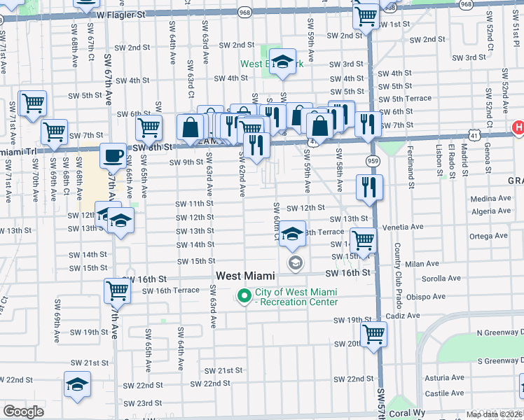 map of restaurants, bars, coffee shops, grocery stores, and more near 6110 Southwest 12th Street in West Miami