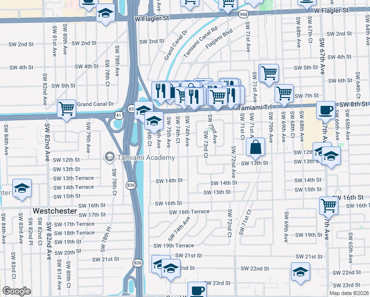 map of restaurants, bars, coffee shops, grocery stores, and more near 1130 Southwest 74th Avenue in Miami