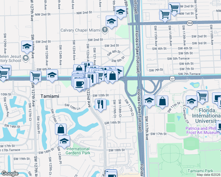 map of restaurants, bars, coffee shops, grocery stores, and more near 11949 Southwest 9th Lane in Miami