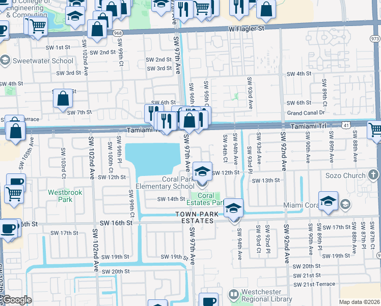 map of restaurants, bars, coffee shops, grocery stores, and more near 9645 Southwest 10th Terrace in Miami
