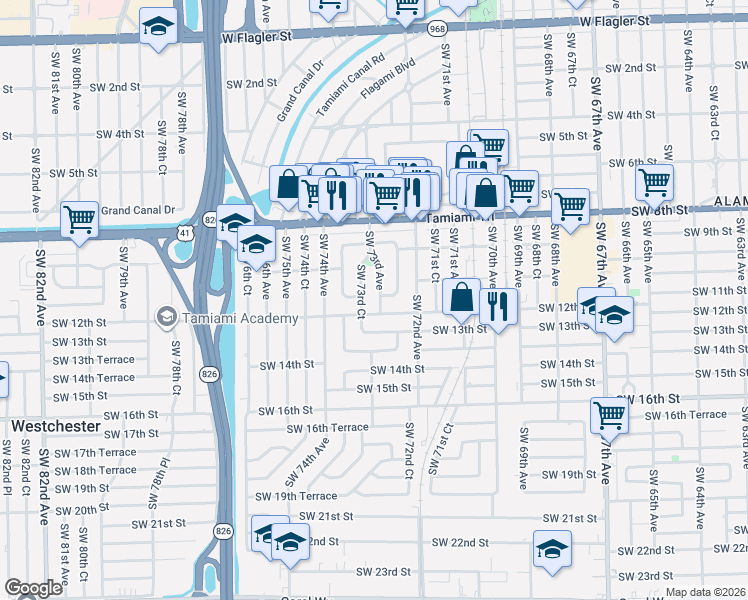map of restaurants, bars, coffee shops, grocery stores, and more near 1141 Southwest 73rd Avenue in Miami