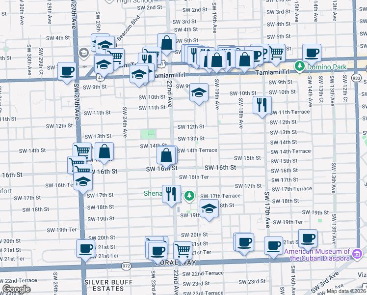 map of restaurants, bars, coffee shops, grocery stores, and more near 2122 Southwest 14th Terrace in Miami