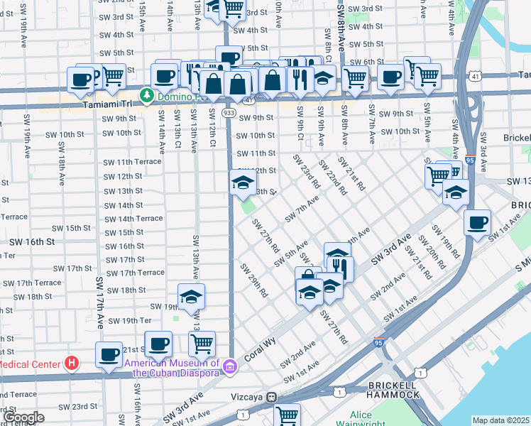 map of restaurants, bars, coffee shops, grocery stores, and more near 801 Southwest 27th Road in Miami