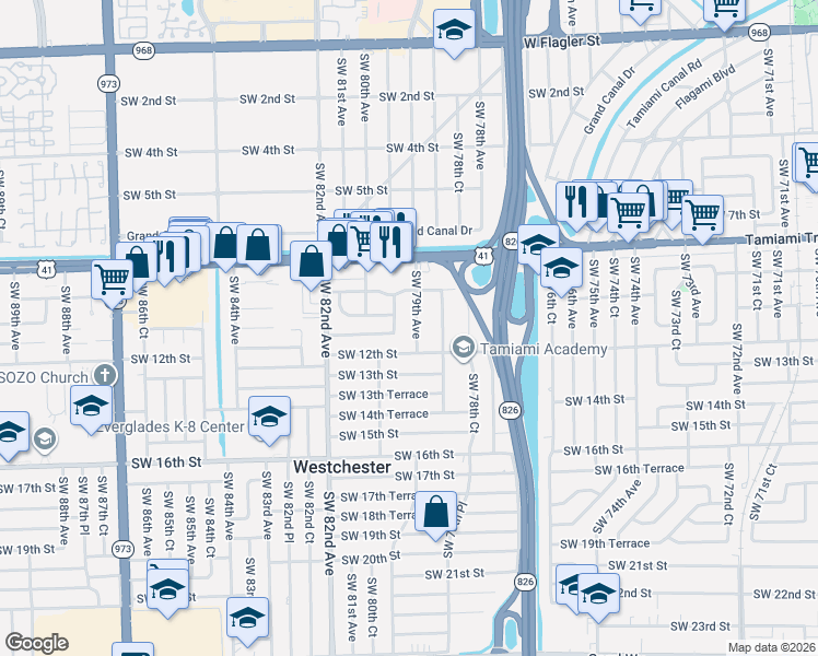map of restaurants, bars, coffee shops, grocery stores, and more near 7930 Southwest 11th Street in Miami