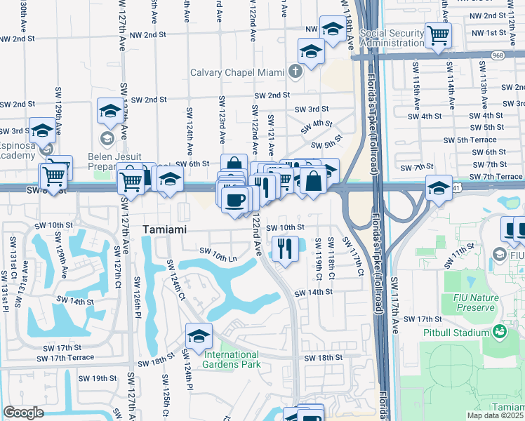 map of restaurants, bars, coffee shops, grocery stores, and more near 927 Southwest 122nd Avenue in Miami