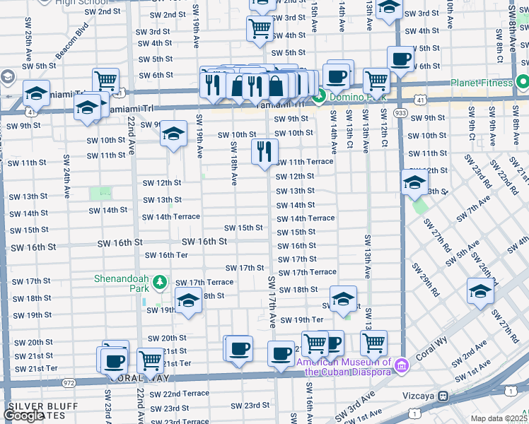 map of restaurants, bars, coffee shops, grocery stores, and more near 1728 Southwest 14th Terrace in Miami