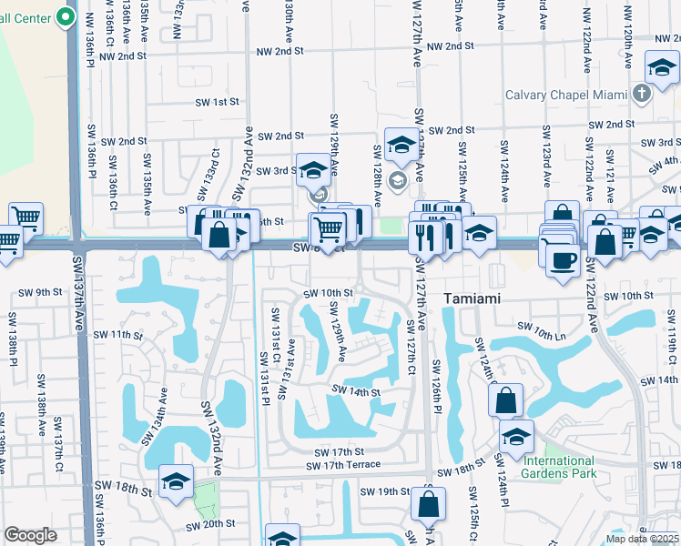 map of restaurants, bars, coffee shops, grocery stores, and more near 12816 Southwest 8th Street in Miami