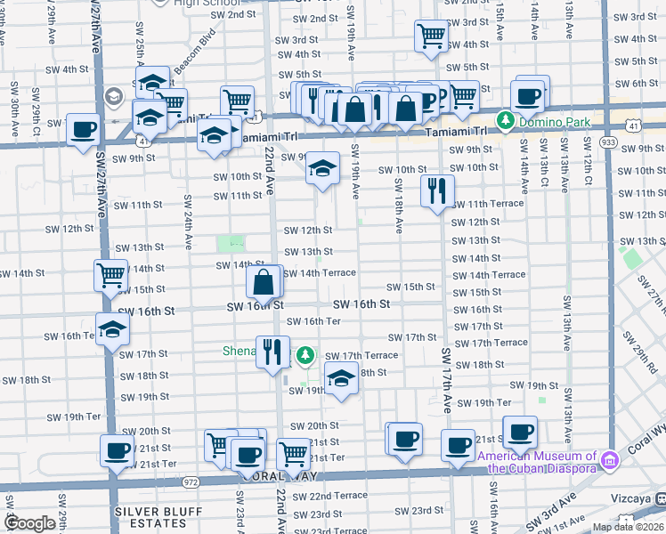 map of restaurants, bars, coffee shops, grocery stores, and more near 2023 Southwest 14th Terrace in Miami