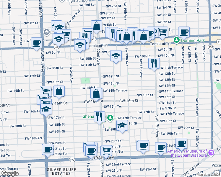 map of restaurants, bars, coffee shops, grocery stores, and more near 2122 Southwest 14th Terrace in Miami
