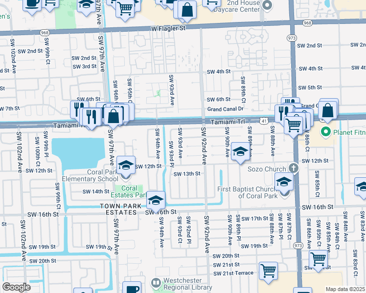 map of restaurants, bars, coffee shops, grocery stores, and more near 1051 Southwest 93rd Avenue in Miami